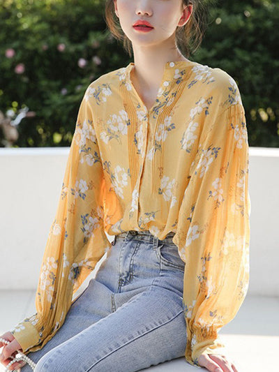 Olivia Vintage Puff Sleeve Floral Chiffon Top