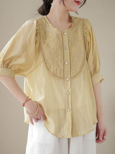 Bailey Retro Crew Neck Puff Sleeve Embroidered Top-Beige