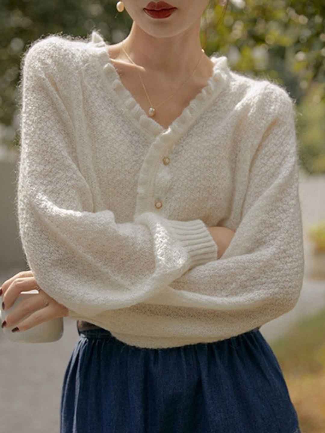 Grace Retro Auricular Collar Solid Color Knitted Cardigan