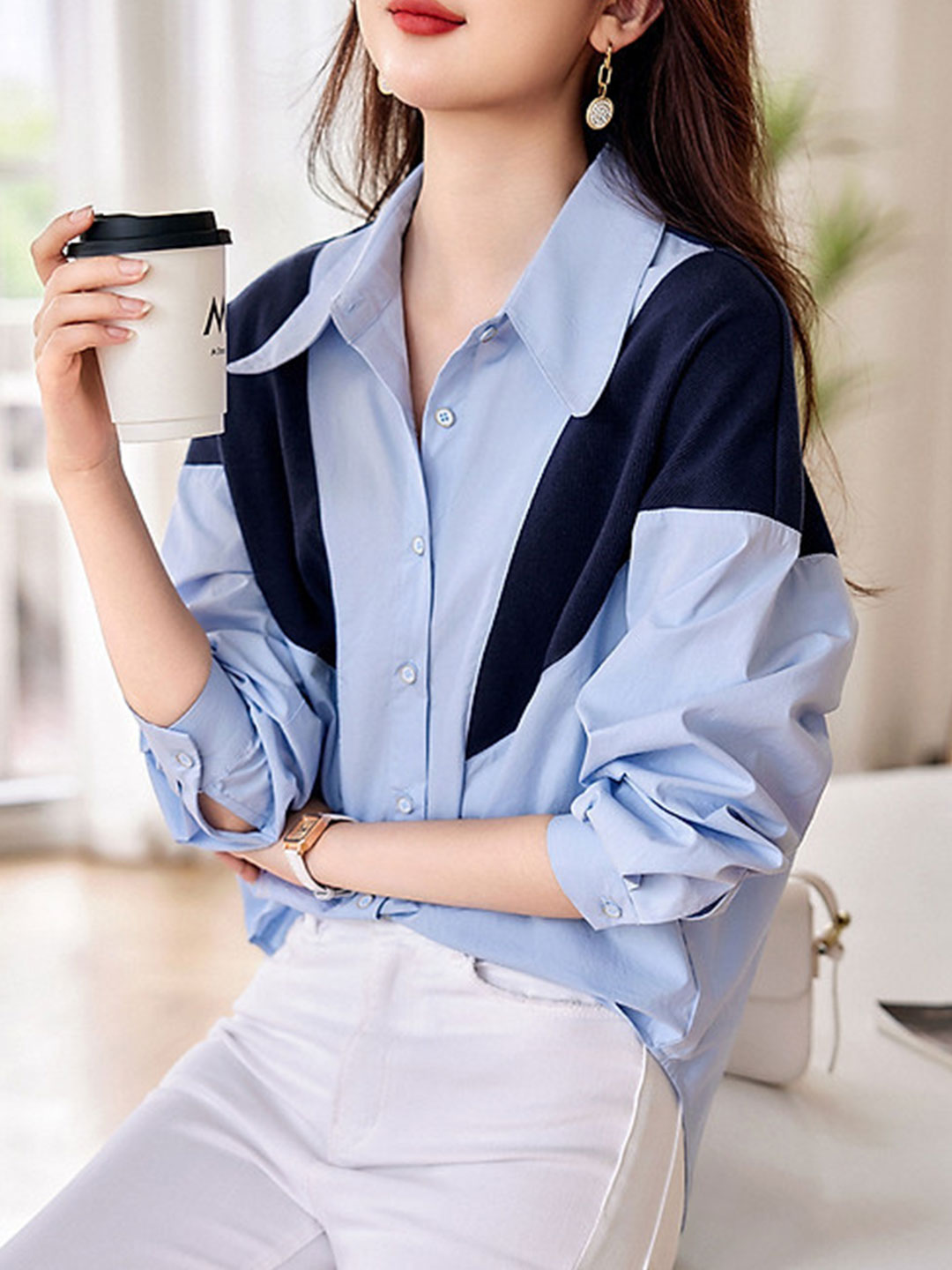 Alyssa Casual Contrasted Color Patchwork Shirt