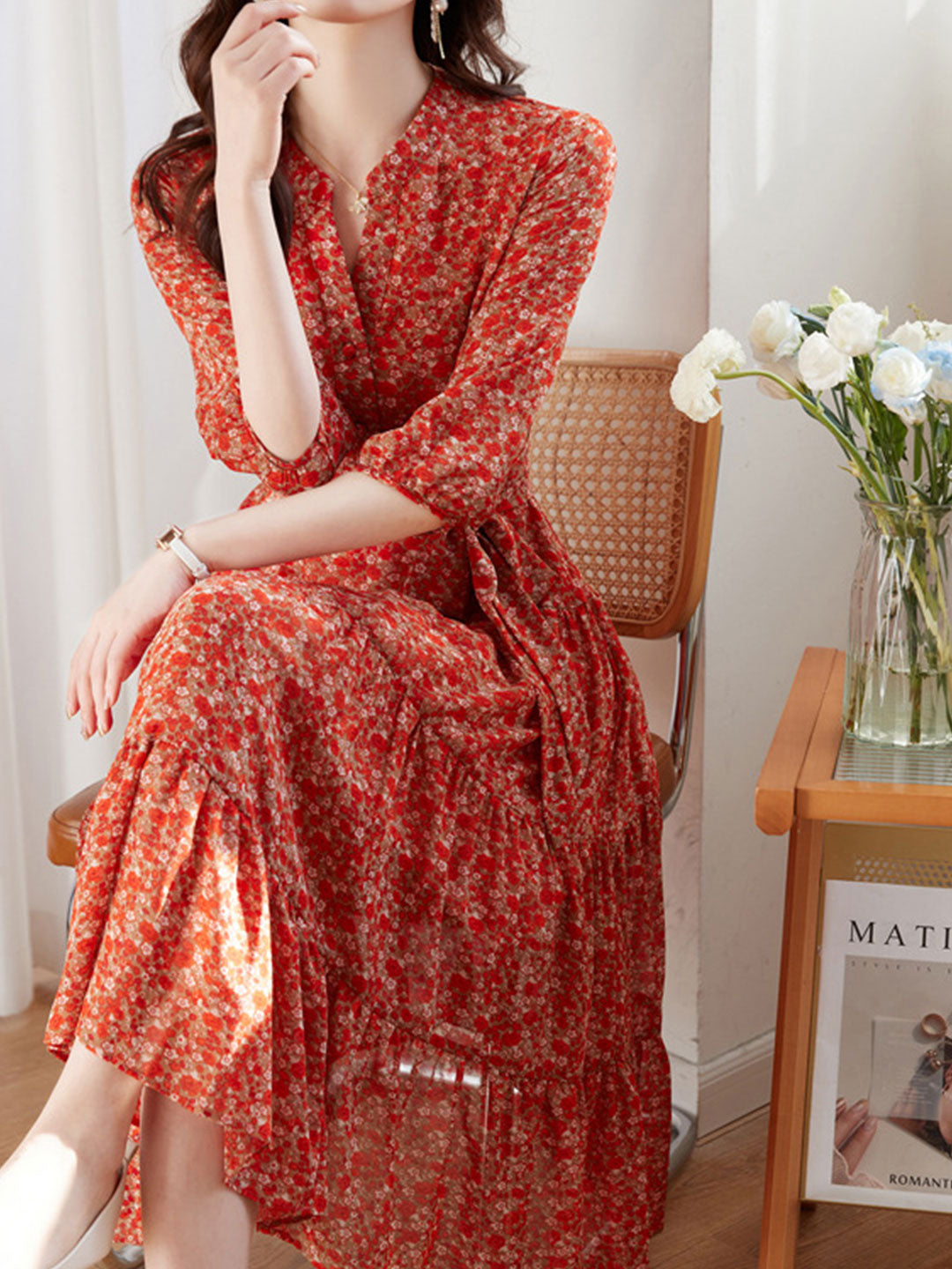 Alexis Vintage Ruffle Floral Chiffon Maxi Dress