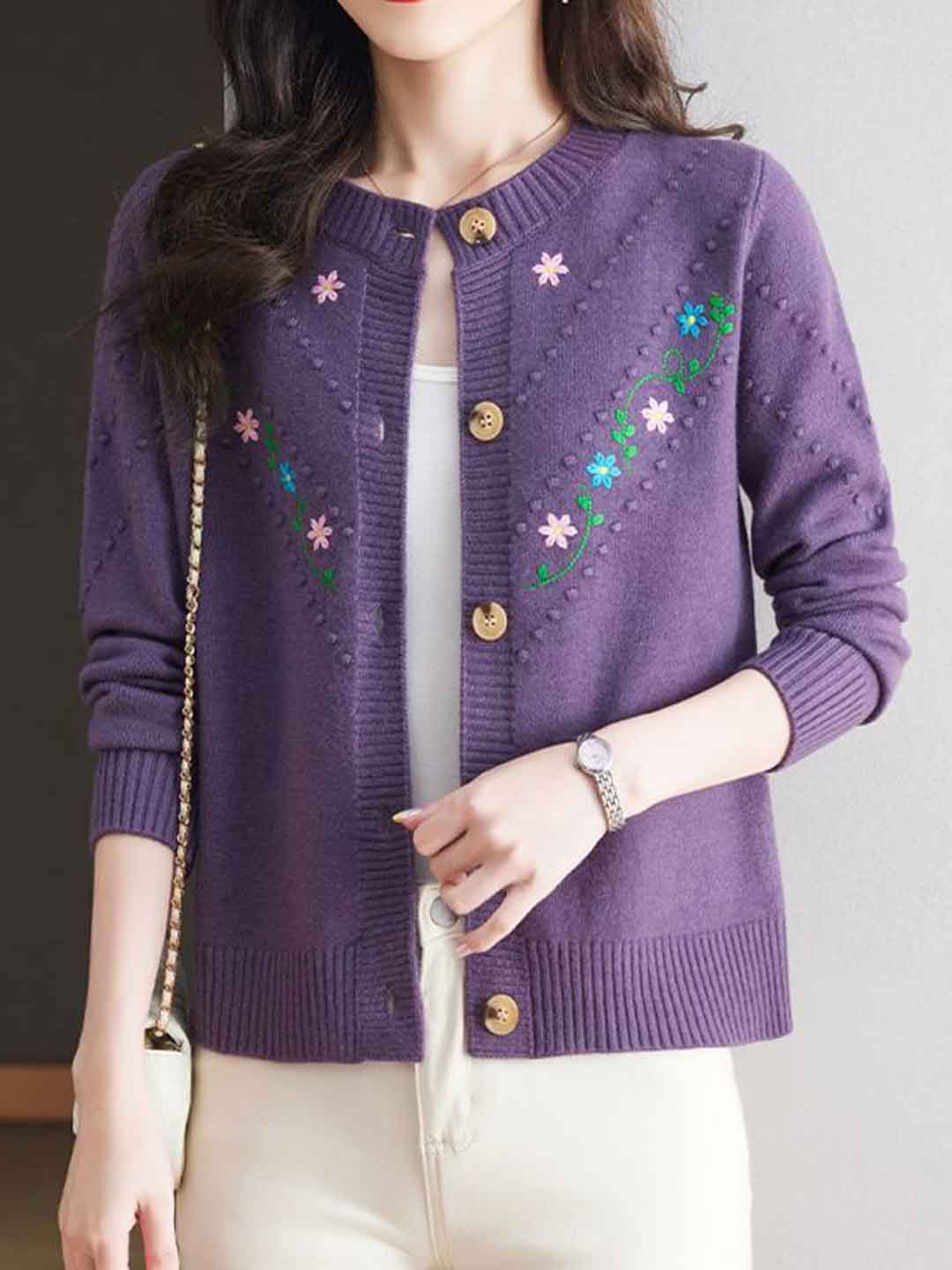 Faith Classic Crew Neck Embroidered Floral Knitted Cardigan