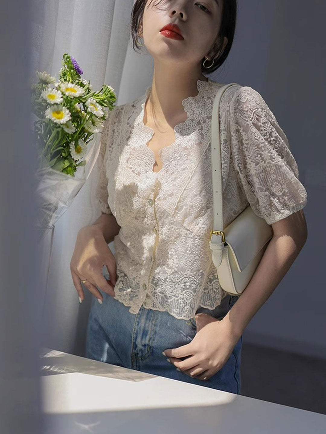 Maria Retro V-Neck Hollowed Lace Blouse