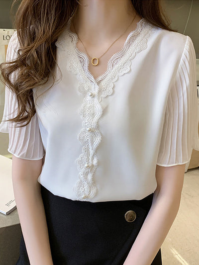 Elizabeth Classic V-Neck Lace Chiffon Top