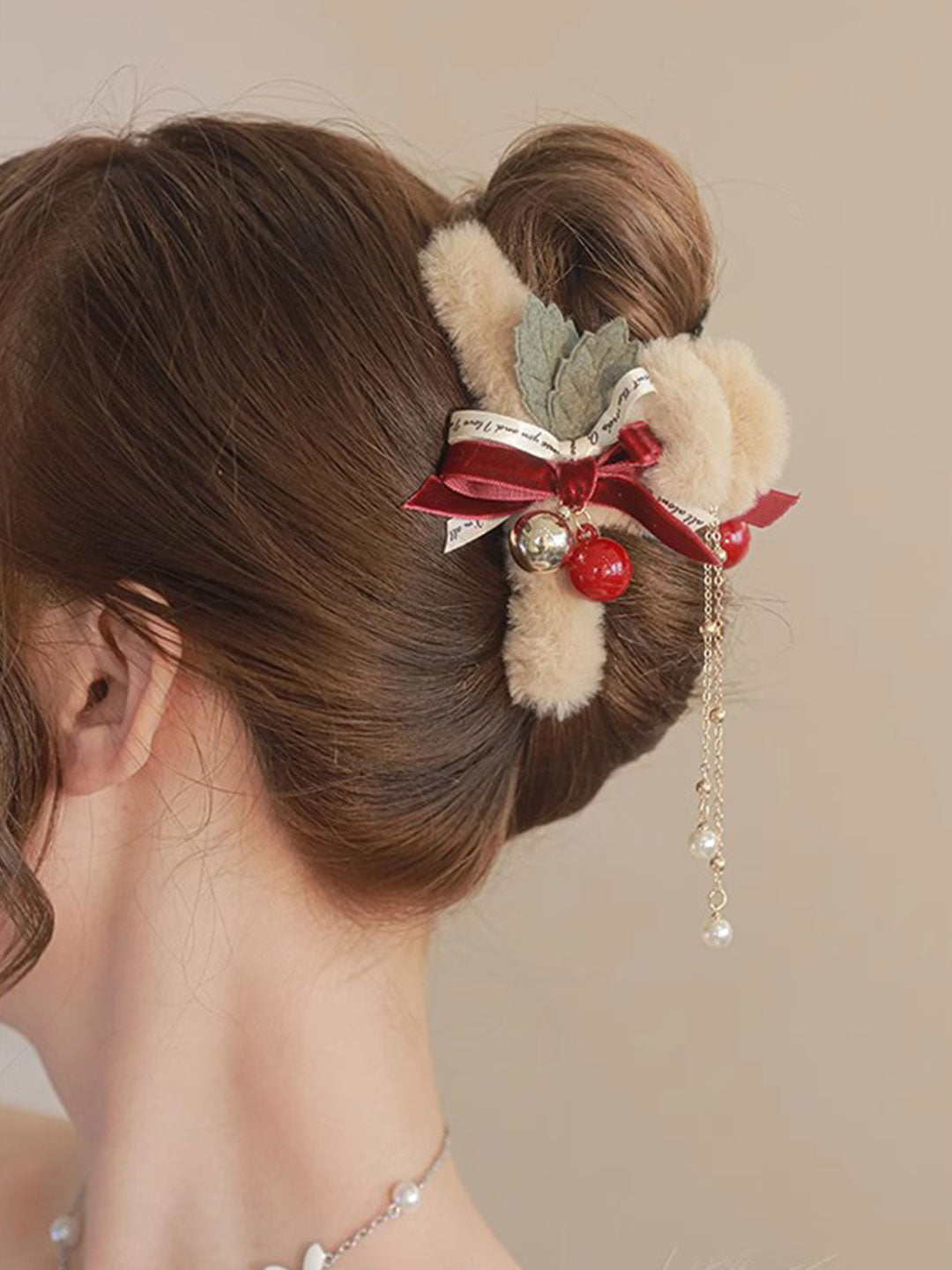 Plush Bow Tassel Bell Grabber Hair Accessory