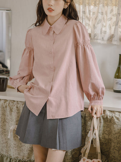 Claire Loose Solid Color Lapel Lantern Sleeve Shirt