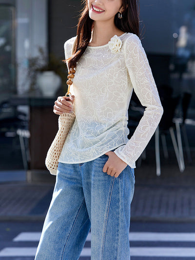 Arianna Casual Crew Neck Asymmetrical Jacquard Top