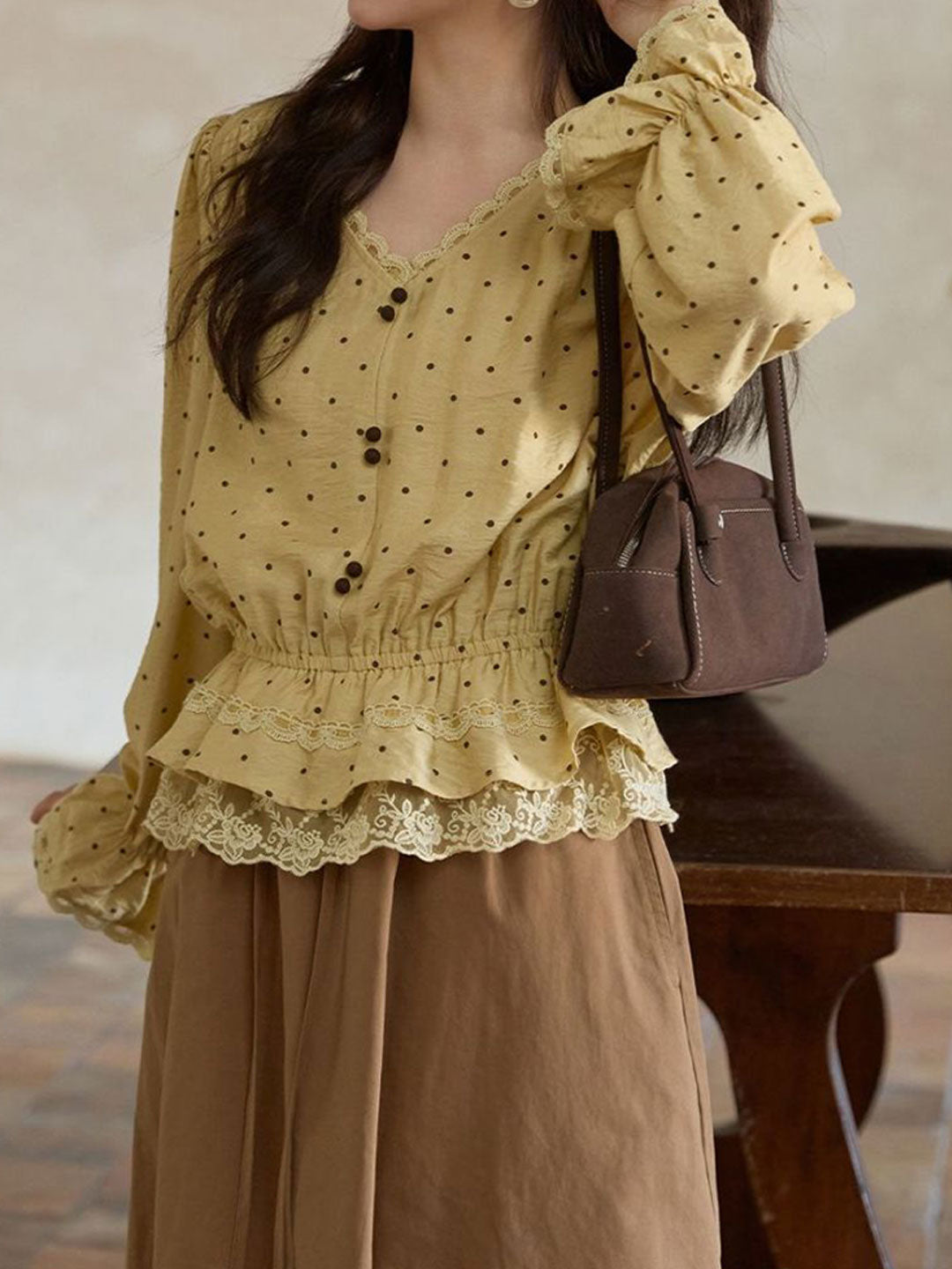 Mia Casual V-neck Lace Polka Dot Blouse