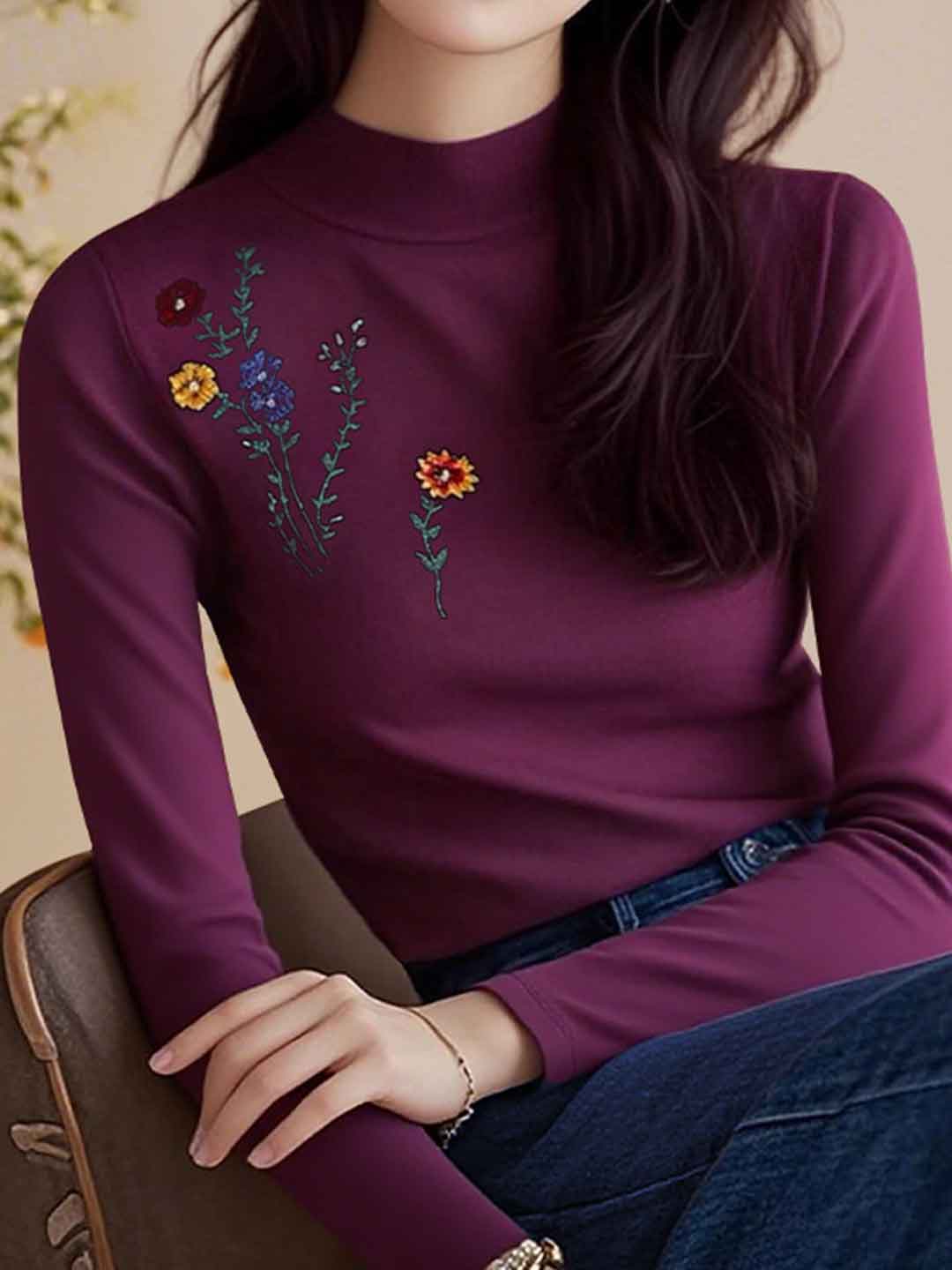 Lily Slim Turtleneck Embroidered Knitted Top