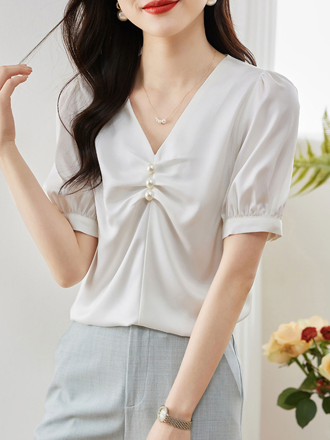 Bella Elegant Beaded Pleated Satin Shirt