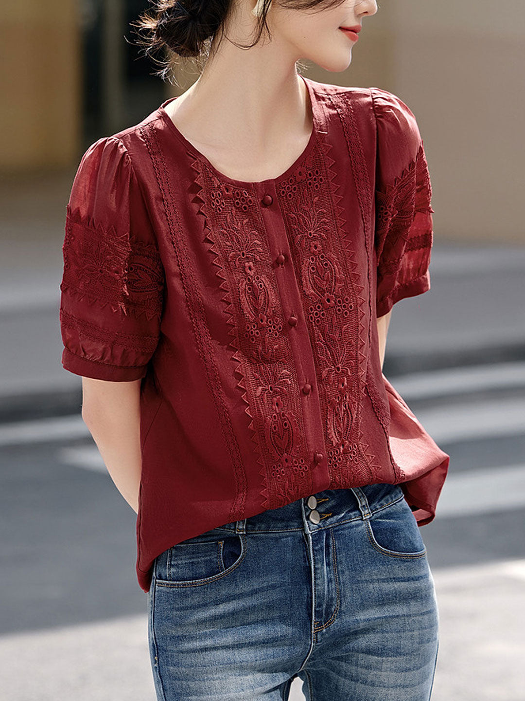 Zoe Retro Puff Sleeve Embroidered Lace Top