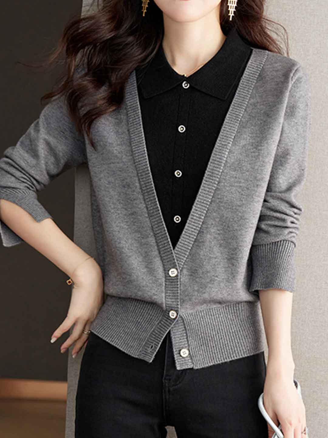 Maria Casual Lapel Mock Two-Piece Knitted Top