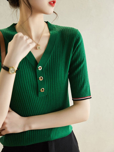 Kylie Elegant V-Neck Stripe Knitted Top-Green