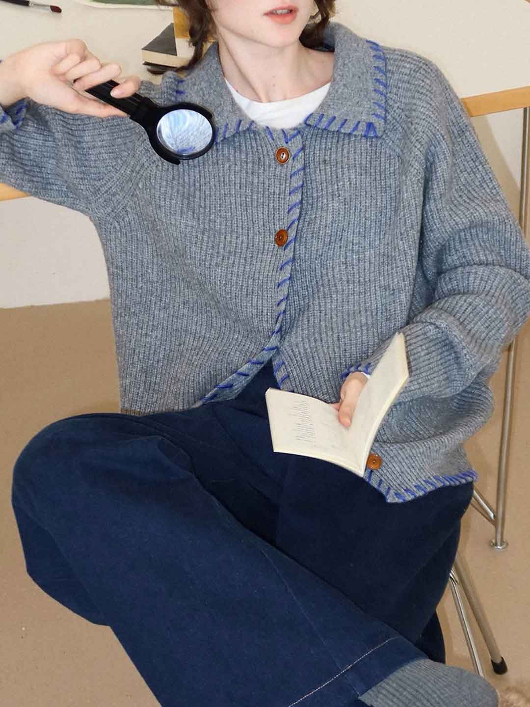 Olivia Loose Lapel Contrasted Color Knitted Cardigan