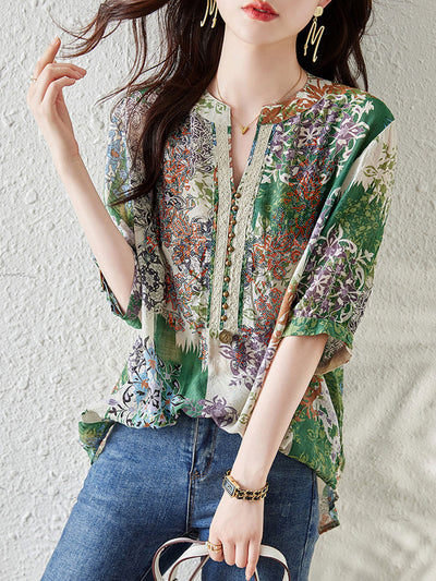 Natalie V-Neck Loose Beaded Printed Blouse