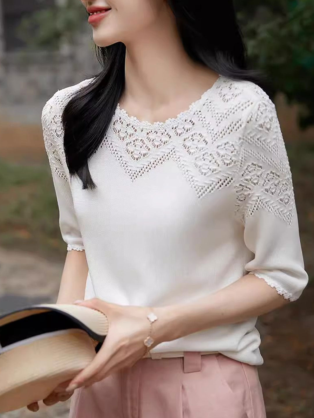 Ella Daily Crew Neck Hollowed Crochet Top