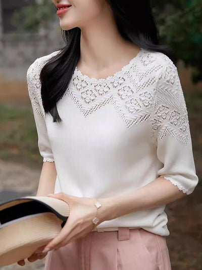 Ella Daily Crew Neck Hollowed Crochet Top