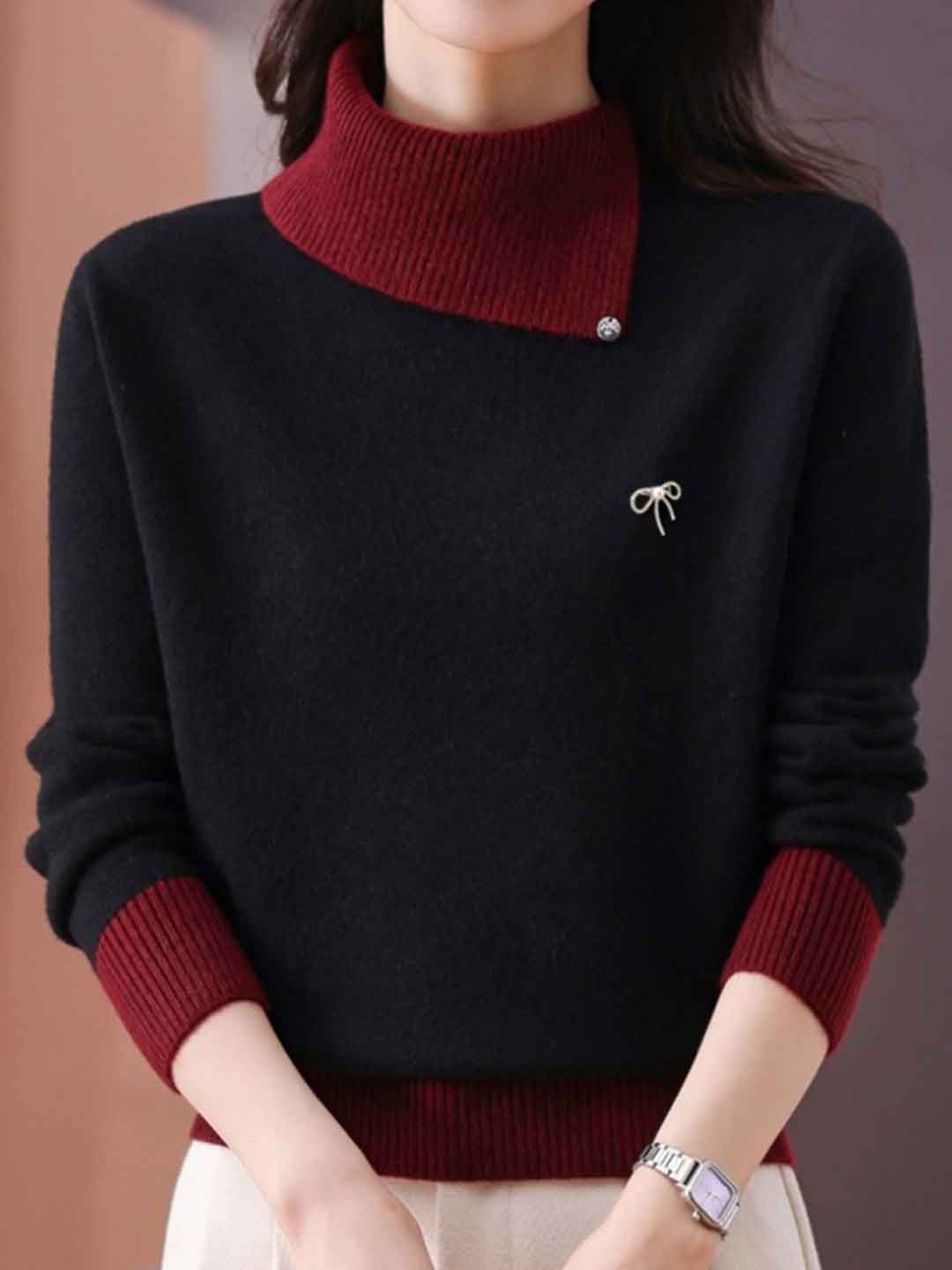 Olivia Classic Turtleneck Contrasted Panelled Knitted Sweater