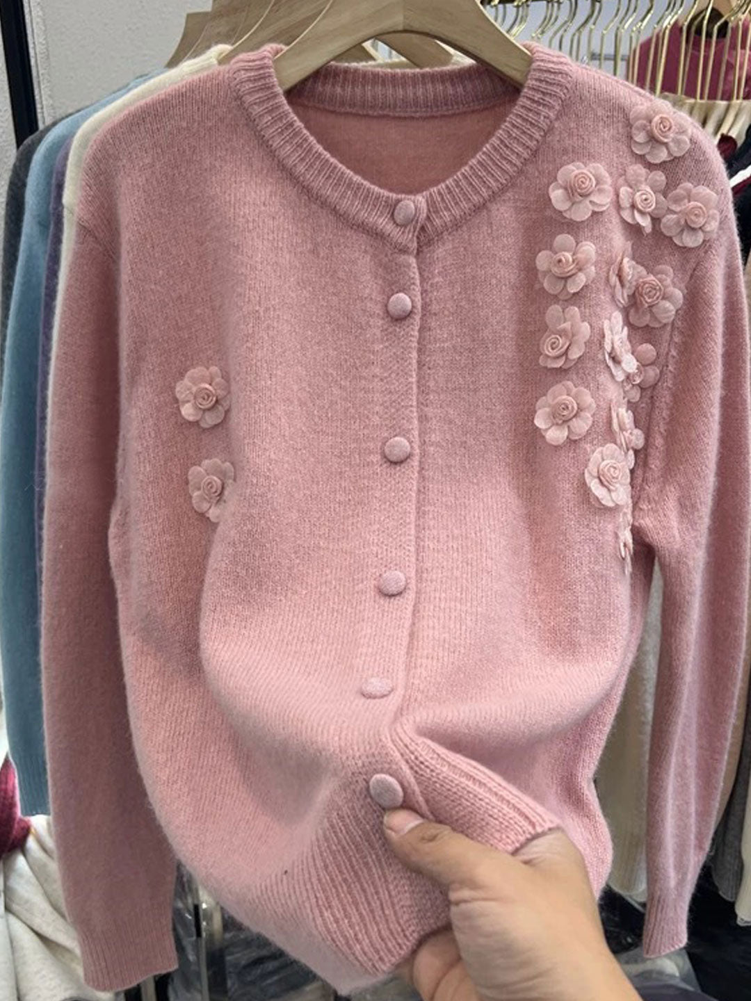 Aubrey Classic Crew Neck Flower Knitted Cardigan