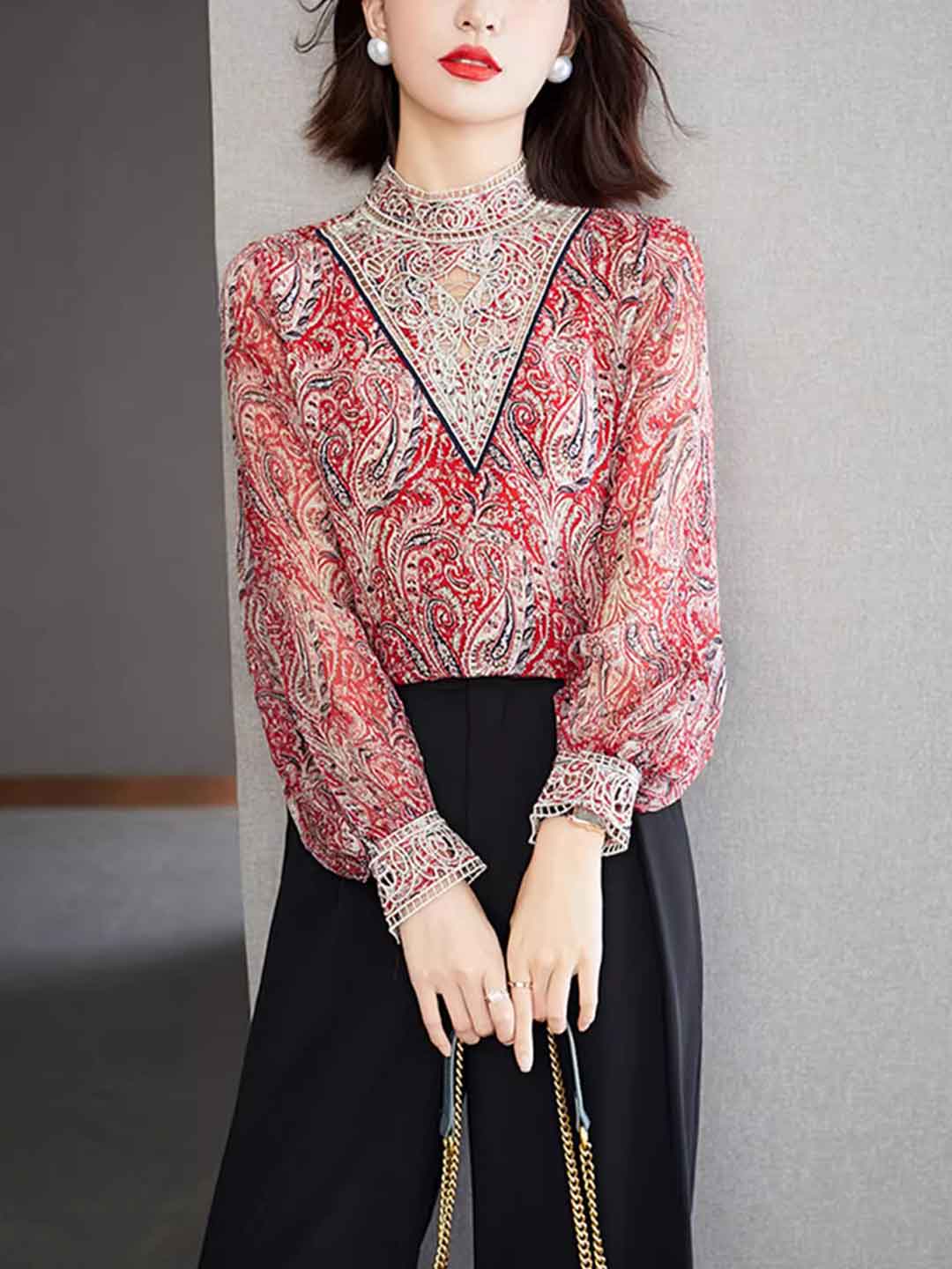 Kayla Retro Embroidered Balloon Sleeve Blouse