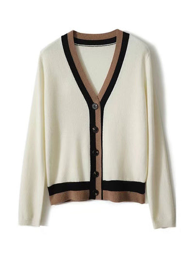 Anna Casual V-Neck Color Block Knitted Cardigan