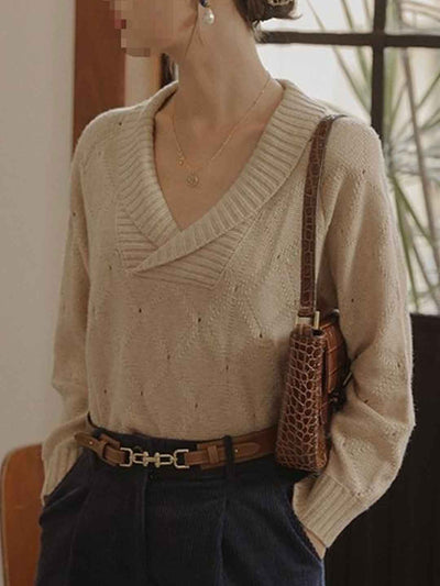 Ava Retro V-Neck Lapel Diamond Pullover Knitted Sweater