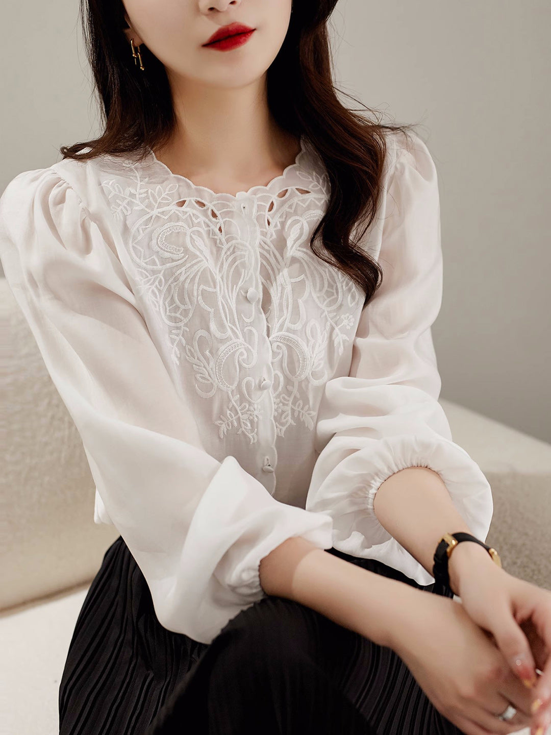 Jocelyn Elegant Embroidered Lantern Sleeve Shirt-White