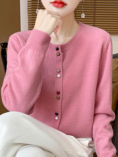 Mya Loose Crew Neck Solid Color Knitted Cardigan-Red