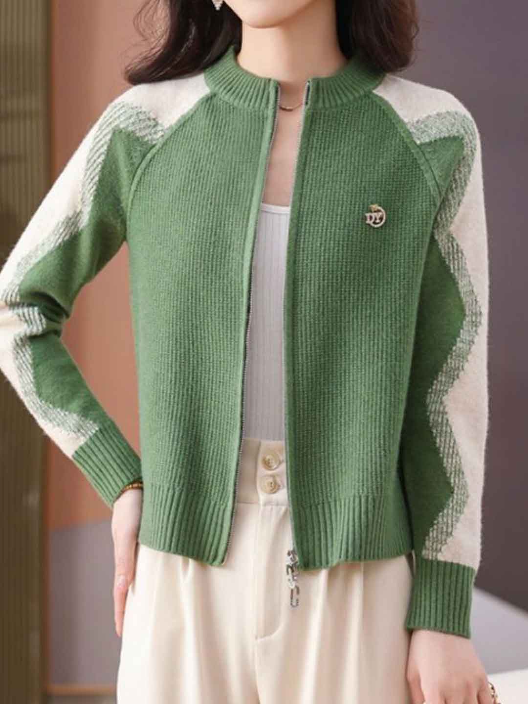 Paige Loose Crew Neck Colorblock Knitted Cardigan-Green