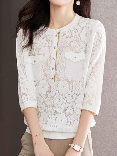 Riley Loose Crew Neck Hollowed Solid Color Knitted Top-Black
