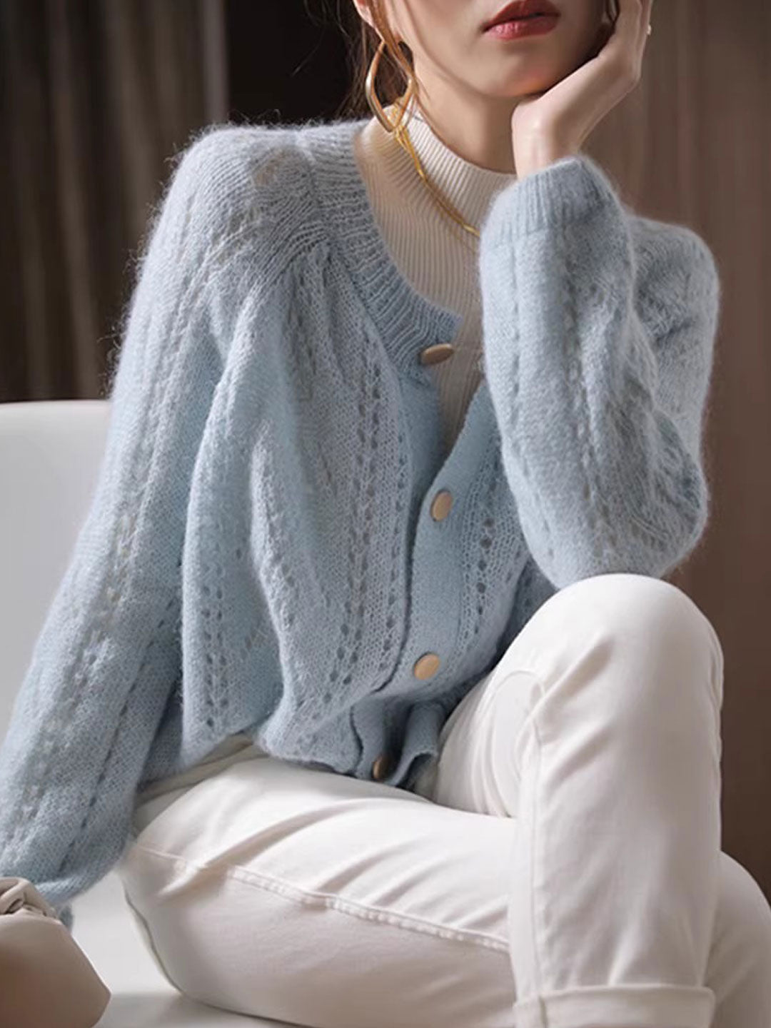 Alyssa Classic Crew Neck Jacquard Knitted Cardigan