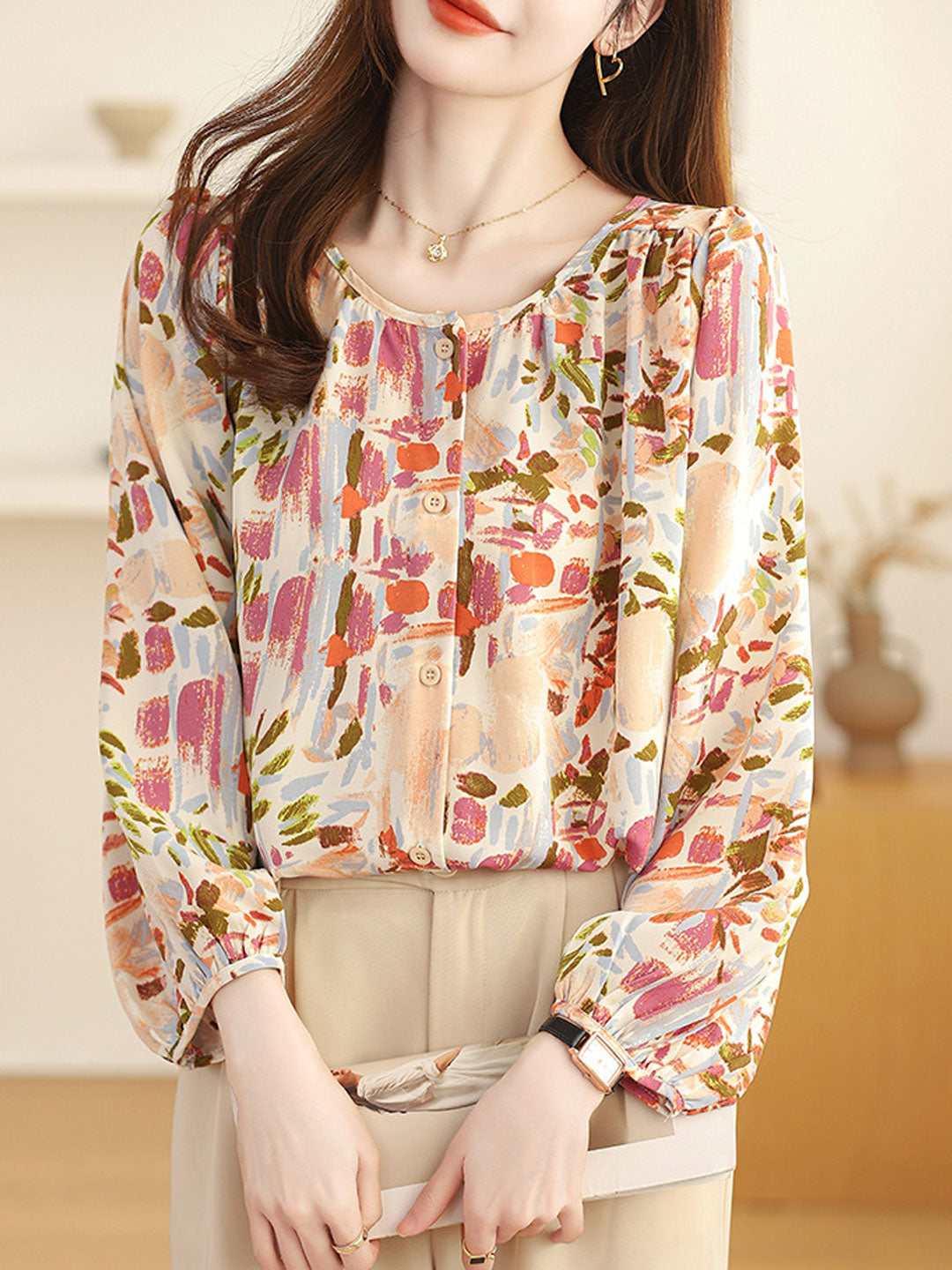 Alyssa Retro Crew Neck Floral Printed Top