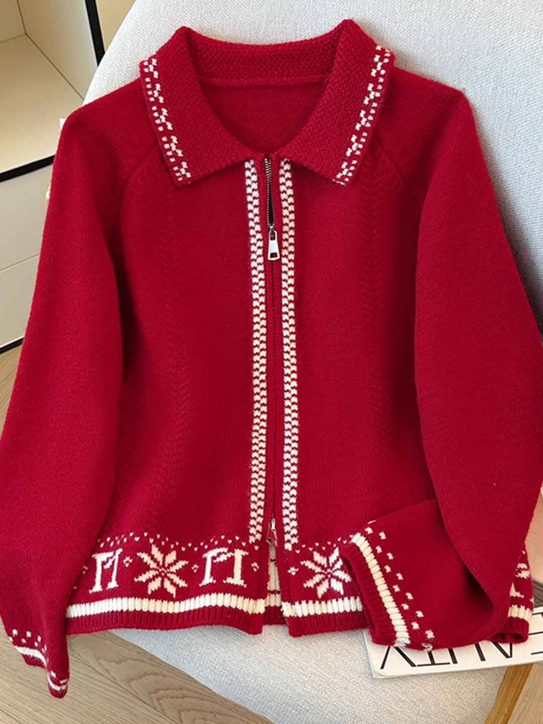 Ava Casual Lapel Jacquard Color-Block Knitted Cardigan