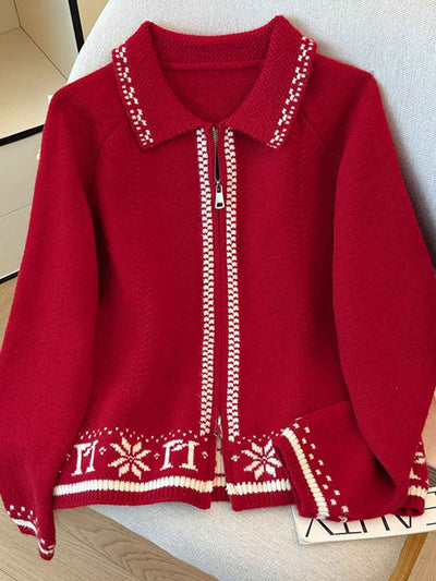 Ava Casual Lapel Jacquard Color-Block Knitted Cardigan