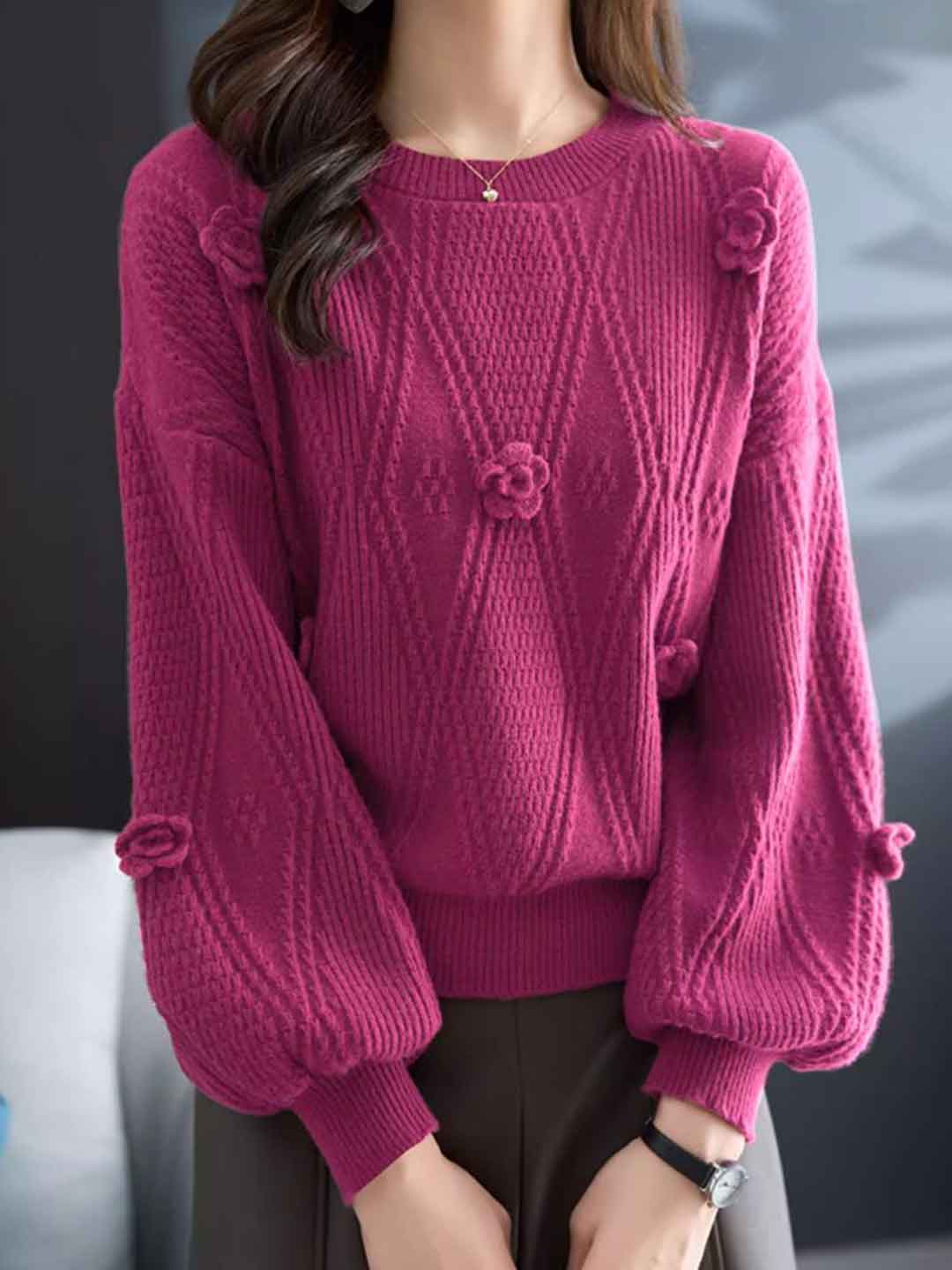 Brianna Loose Crew Neck Lantern Sleeve Floral Knitted Top