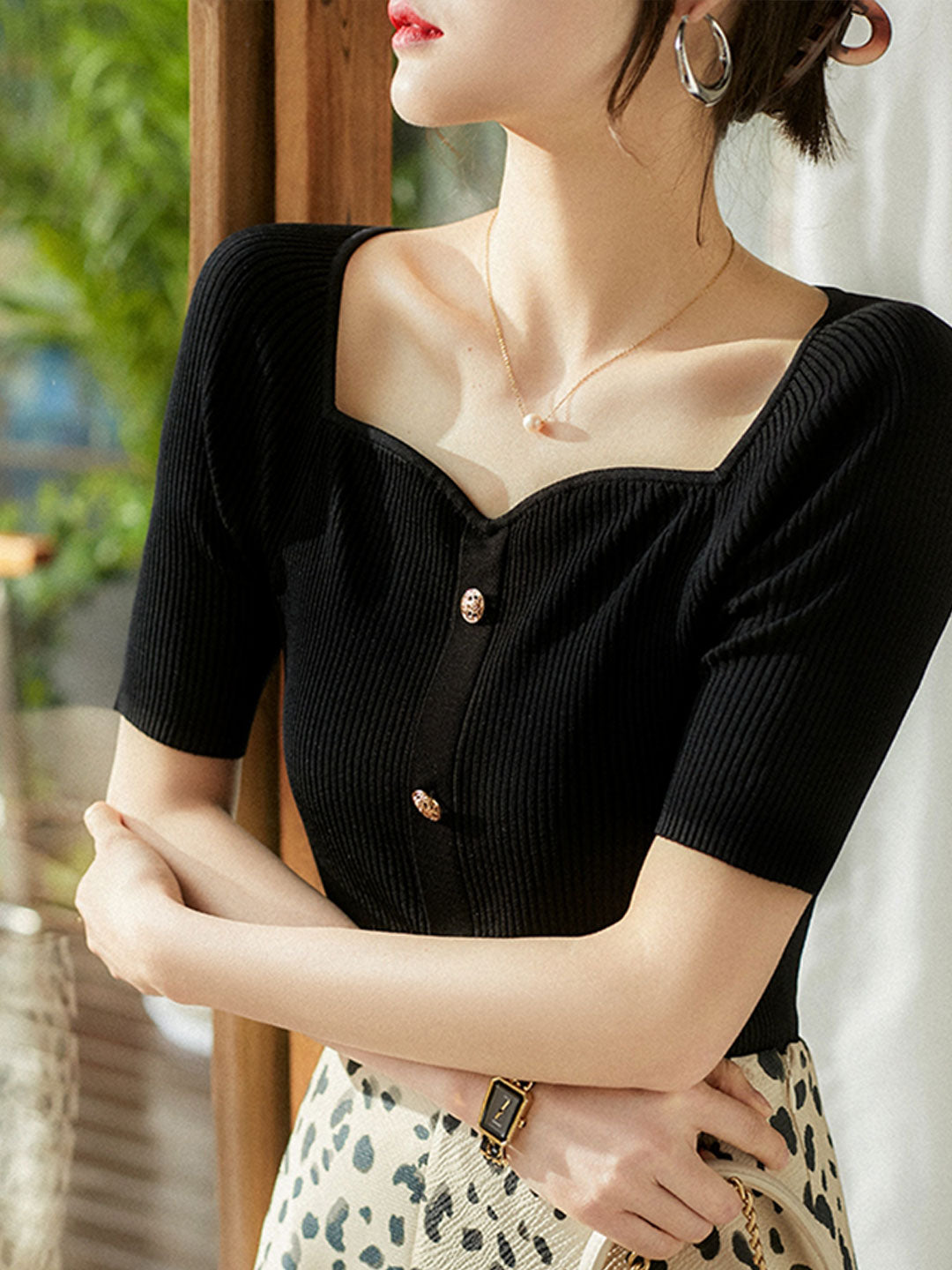 Ava Elegant Square-Neck Button Knitted Cardigan-Black