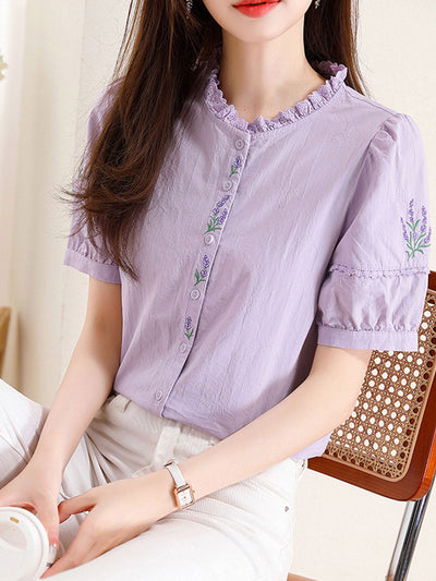 Maria Retro Embroidered  Lace Puff Sleeve Shirt-White