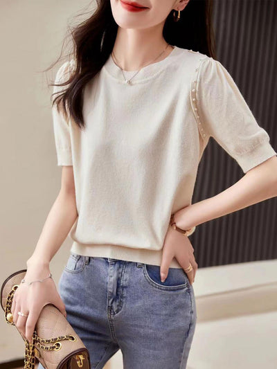 Brianna Vintage Puff Sleeve Knitted Beaded Top