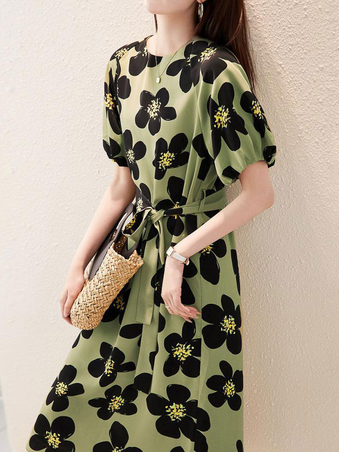 Mia Elegant Printed Tie Dress-Green