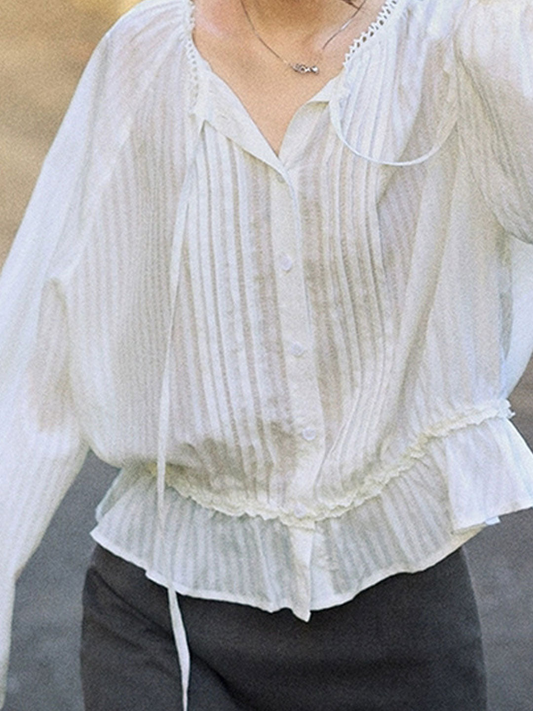 Ashley Retro Puff Sleeve Tie Pleated Blouse