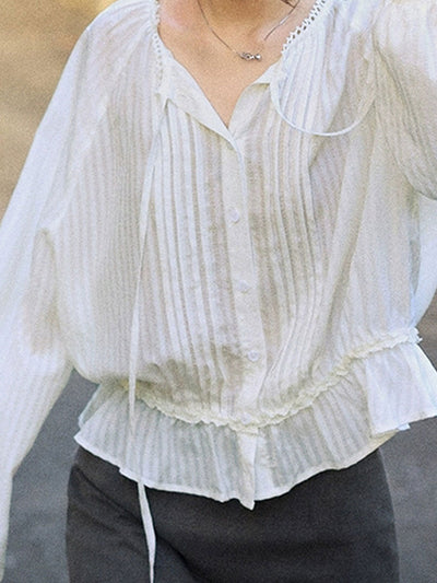 Ashley Retro Puff Sleeve Tie Pleated Blouse