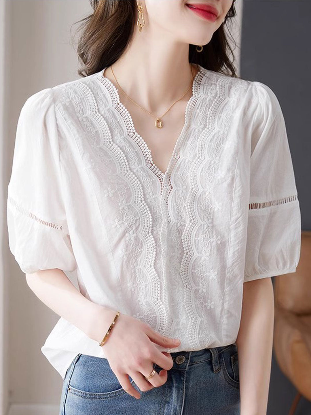 Olivia Retro V-Neck Lace Embroidered Top