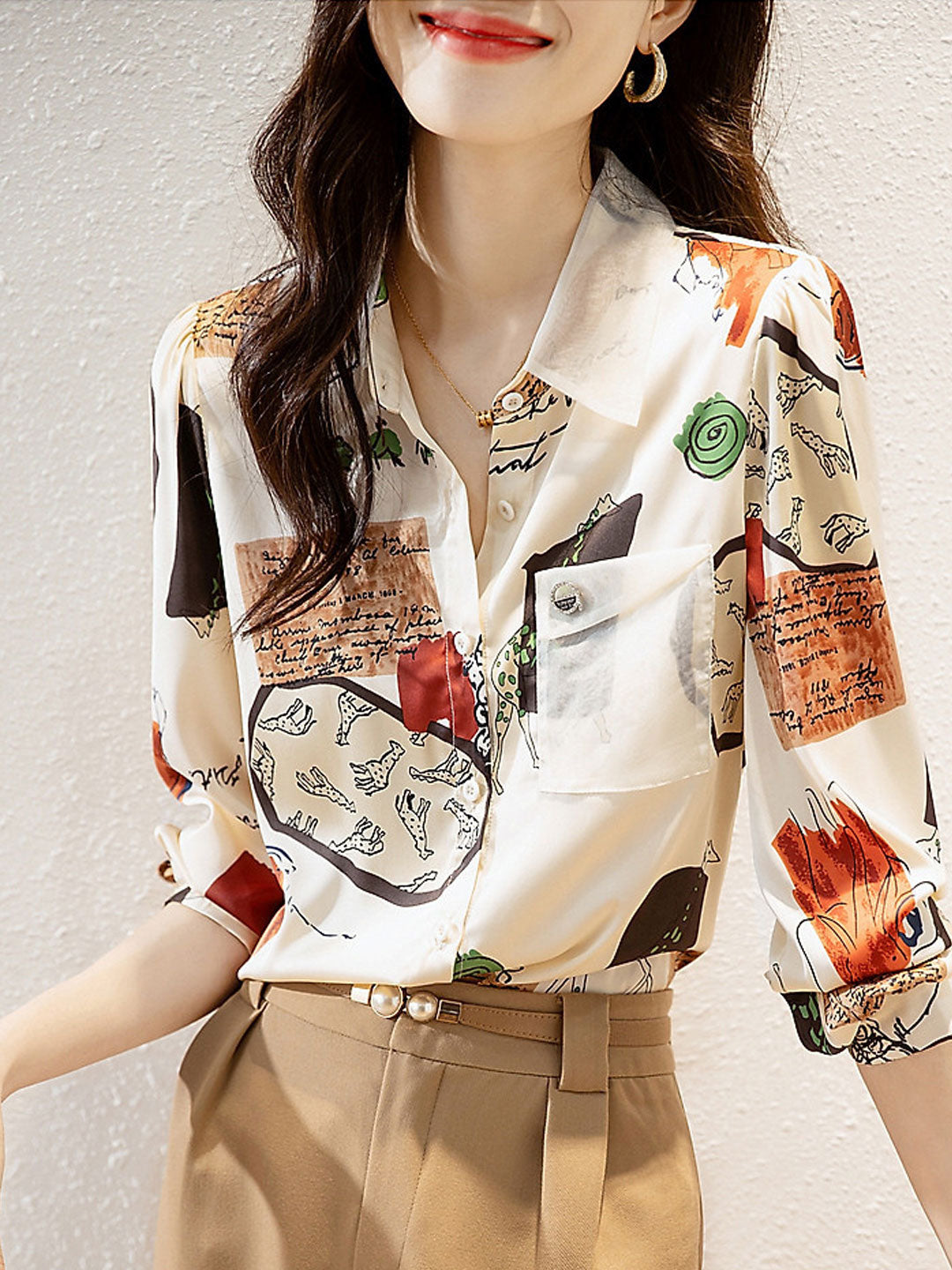 Audrey Loose Contrasted Lapel Printed Shirt