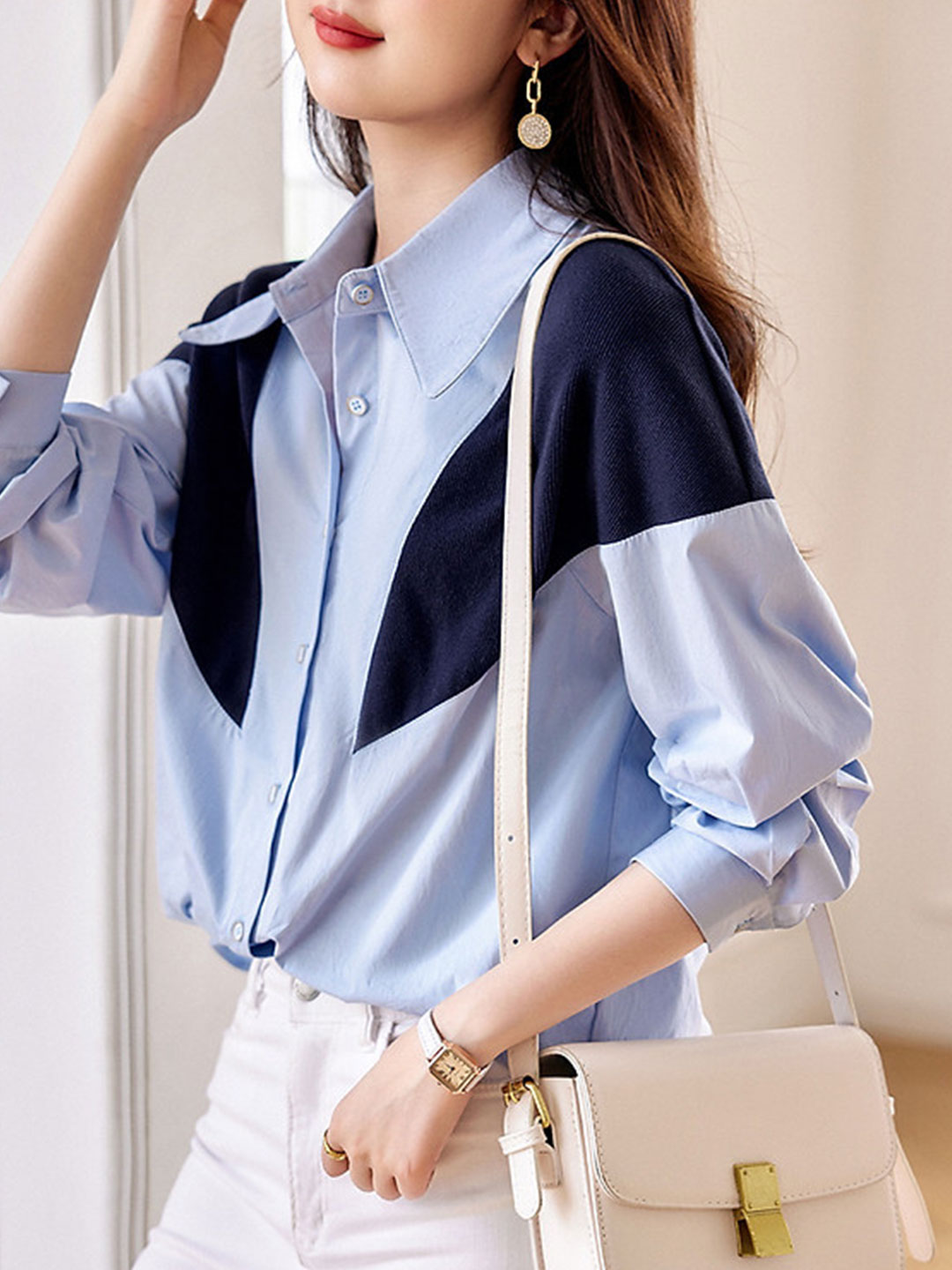 Alyssa Casual Contrasted Color Patchwork Shirt