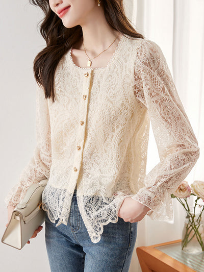 Sophia Retro Square Neck Lace Flare Sleeve Blouse