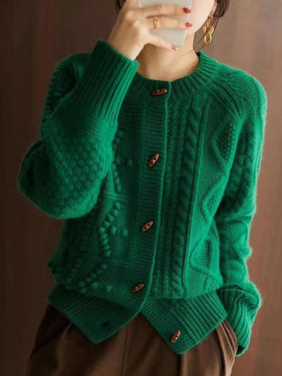 Bailey Loose Crew Neck Horn Button Cable Knitted Cardigan