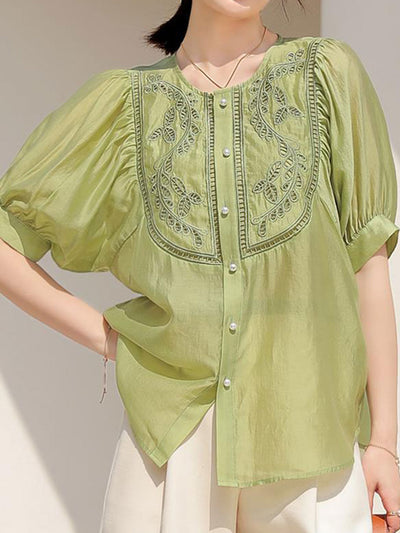 Grace Classic Hollowed Pleated Embroidered Top-Green