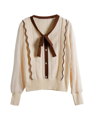 Sophia Retro Bow Tie Contrast Knitted Sweater