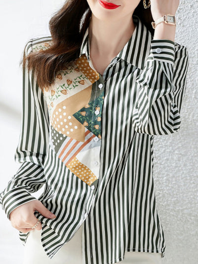 Kayla Classic Lapel Printed Asymmetric Striped Shirt