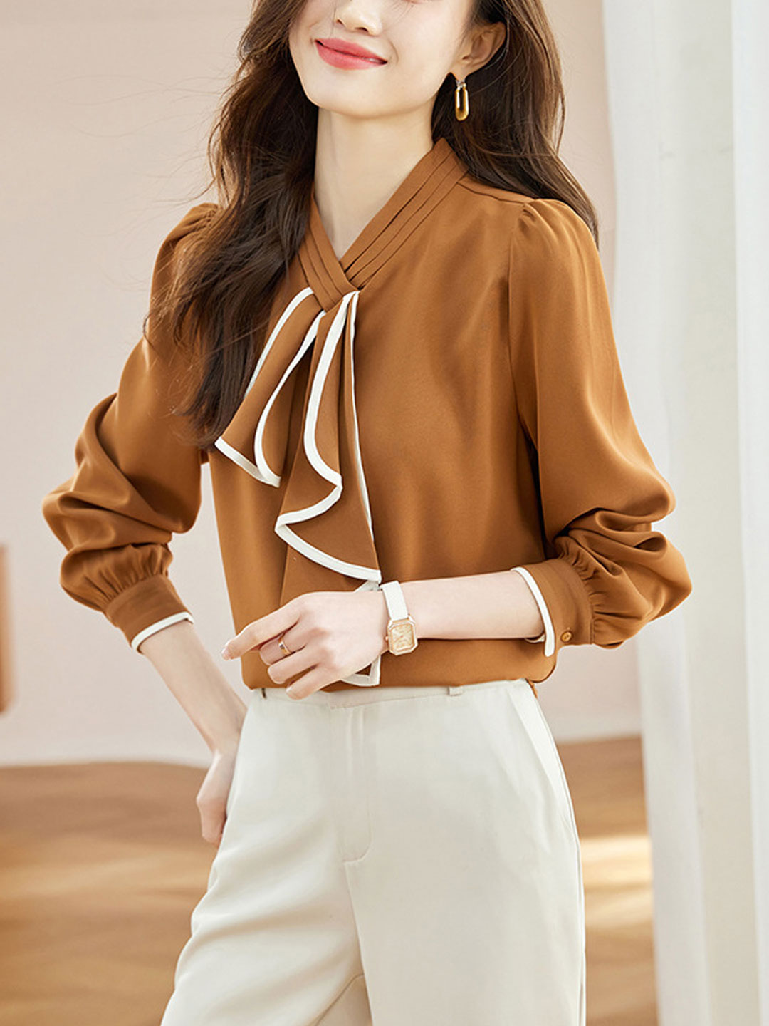 Samantha Classic V-neck Lantern Sleeve Chiffon Shirt